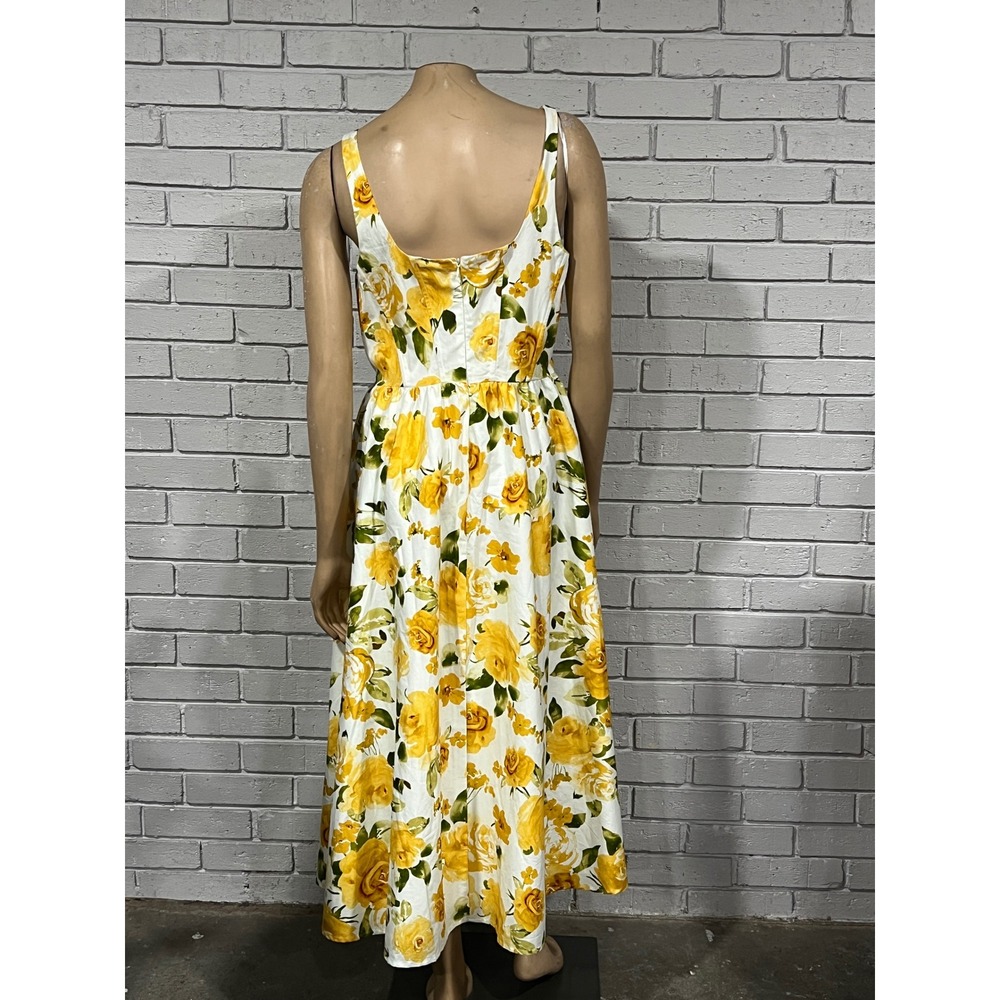 Jason Wu Women White Yellow Rose Floral Square Neck Midi Dress | Size 12 - Picture 6 of 7